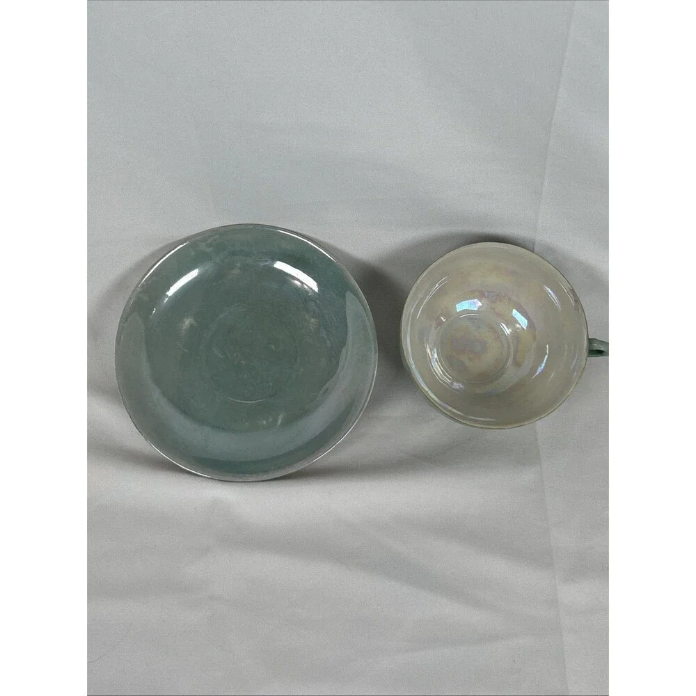Vtg Lot Hand painted Japan Green Opal Lusterware Cups Saucers Sugar Bowl W/ Lid